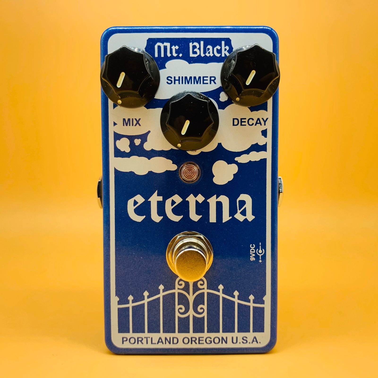 Mr. Black Eterna shimmer reverb pedal — blue sparkle finish with clouds and pearly gates artwork